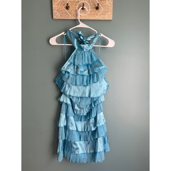 AX Paris Bright Blue Ruffle Halter Mini Dress - Picture 1 of 9